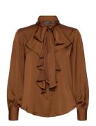 Ruffle-Trim Satin Tie-Neck Blouse Tops Blouses Long-sleeved Brown Lauren Ralph Lauren