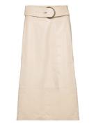 Leather-Effect Midi-Skirt With Belt Knælang Nederdel Beige Mango