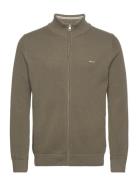 Cotton Pique Zip Cardigan Tops Knitwear Full Zip Jumpers Khaki Green GANT