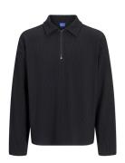 Jorrick Plisse Sweat Zip Split Polo Ln Tops Knitwear Half Zip Jumpers Black Jack & J S