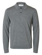 Slhtray Ls Knit Merino Polo Noos Tops Knitwear Long Sleeve Knitted Polos Grey Selected Homme