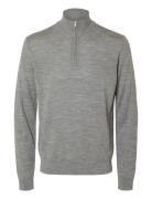 Slhtray Ls Knit Merino Half Zip Noos Tops Knitwear Half Zip Jumpers Grey Selected Homme