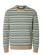 Slhfade Ls Knit Fairisle Crew Neck Tops Knitwear Round Necks Beige Selected Homme