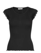 Short Sleeve Top W/ Lace Tops T-shirts & Tops Short-sleeved Black Rosemunde