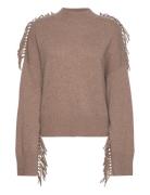 Boxy O-Neck Sweater Fringes Tops Knitwear Jumpers Beige Davida Cashmere