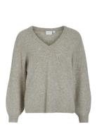 Vibeluna V-Neck Rev L/S Knit Top - Noos Tops Knitwear Jumpers Beige Vila