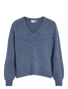 Vibeluna V-Neck Rev L/S Knit Top - Noos Tops Knitwear Jumpers Blue Vila