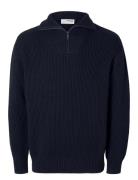 Slhdry Ls Knit Relaxed Half Zip Tops Knitwear Half Zip Jumpers Navy Selected Homme