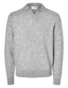 Slhrai Ls Knit Open Polo Tops Knitwear Long Sleeve Knitted Polos Grey Selected Homme