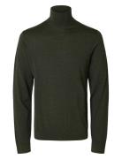 Slhtray Ls Knit Merino Roll Neck Noos Tops Polos Long-sleeved Khaki Green Selected Homme