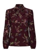 Floral Stretch Jersey Tie-Neck Top Tops Blouses Long-sleeved Burgundy Lauren Ralph Lauren