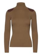 Faux-Leather-Trim Ribbed Turtleneck Tops Knitwear Turtleneck Brown Lauren Ralph Lauren