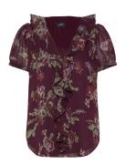 Floral Georgette Puff-Sleeve Blouse Tops Blouses Short-sleeved Burgundy Lauren Ralph Lauren