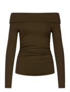 Cotton-Blend Off-The-Shoulder Top Tops T-shirts & Tops Long-sleeved Khaki Green Lauren Ralph Lauren