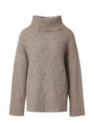 Emma Wool Blend Cable Knitted Roll Neck Tops Knitwear Turtleneck Beige Lexington Clothing