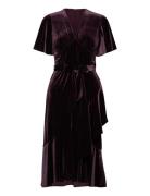 Belted Velvet Flutter-Sleeve Dress Knælang Kjole Burgundy Lauren Ralph Lauren