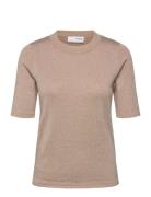 Slflura Lurex 2/4 Knit O-Neck Tops Shirts Short-sleeved Beige Selected Femme