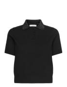 Knitted Polo Shirt With Rhinest Collar Tops Knitwear Jumpers Black Mango