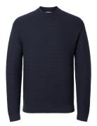 Slhtion Ls Knit Structure Mock Neck Tops Knitwear Round Necks Navy Selected Homme