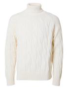 Slhcallo Ls Knit Relaxed Cable Roll Neck Tops Knitwear Turtlenecks White Selected Homme