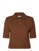 Knitted Polo Shirt With Ribbed Details Tops Knitwear Jumpers Brown Mango