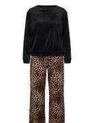 Pj Set Velours Leopard Pyjamas Nattøj Black Hunkemöller