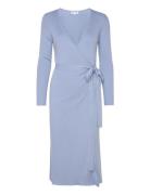 Fine Knit Rib Wrap Midi Dress Knælang Kjole Blue Davida Cashmere