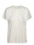 Natural Sheen Ss Gathered Blouse Tops Blouses Short-sleeved White Calvin Klein