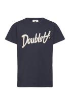 Ola Kids Script & Badge T-Shirt Tops T-Kortærmet Skjorte Navy Double A By Wood Wood