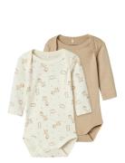 Nbnbody 3P Ls Jet Stream Giraffe Noos Bodies Long-sleeved Cream Name It