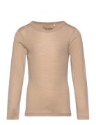 T-Shirt Ls Wool Tops T-shirts Long-sleeved T-Skjorte Beige Huttelihut