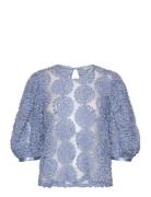 Nadja 3D Flower Puff Sleeve Blouse Tops Blouses Short-sleeved Blue Bubbleroom