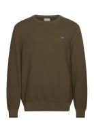 Cotton Micro Textured C-Neck Tops Knitwear Round Necks Khaki Green GANT