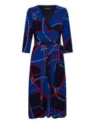Rope-Print Surplice Stretch Jersey Dress Knælang Kjole Blue Lauren Ralph Lauren