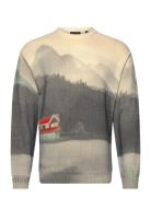 Printed Dropped Shoulder Crewneck Tops Knitwear Round Necks Beige Scotch & Soda