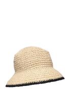 Contrast Stripe Paper Straw Bucket Hat Accessories Headwear Bucket Hats Beige Lexington Clothing
